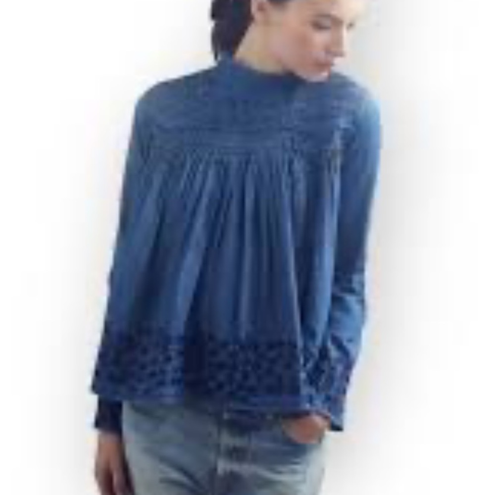 Needle & Thread pintucked embroidered denim high neck blouse EUC size small - Picture 2 of 12